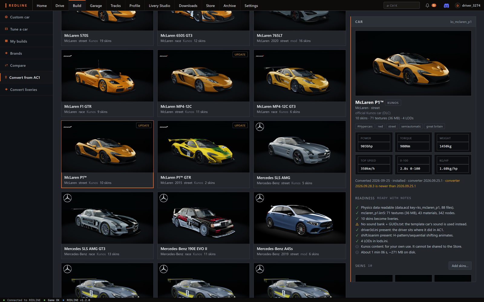 Build, Convert from AC1: an Assetto Corsa library with the McLaren P1 selected, its specs and readiness checks