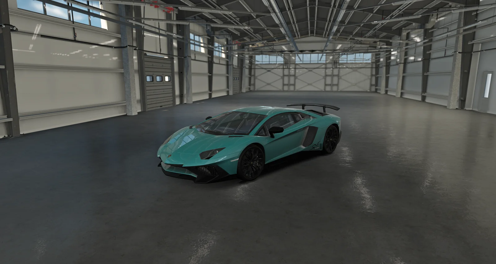 The converted Aventador SV in a teal livery in Assetto Corsa EVO's showroom hangar