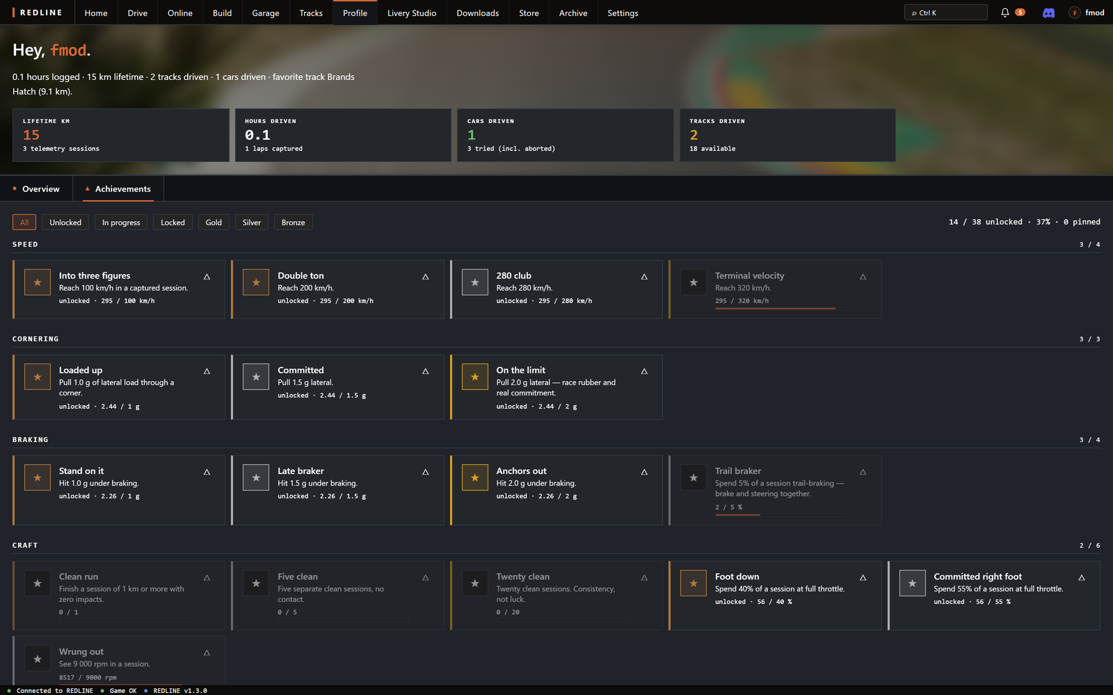 Profile, Achievements: 14 of 38 unlocked, grouped into speed, cornering, braking and craft, each with its target and the value reached, such as 295 of 280 km/h