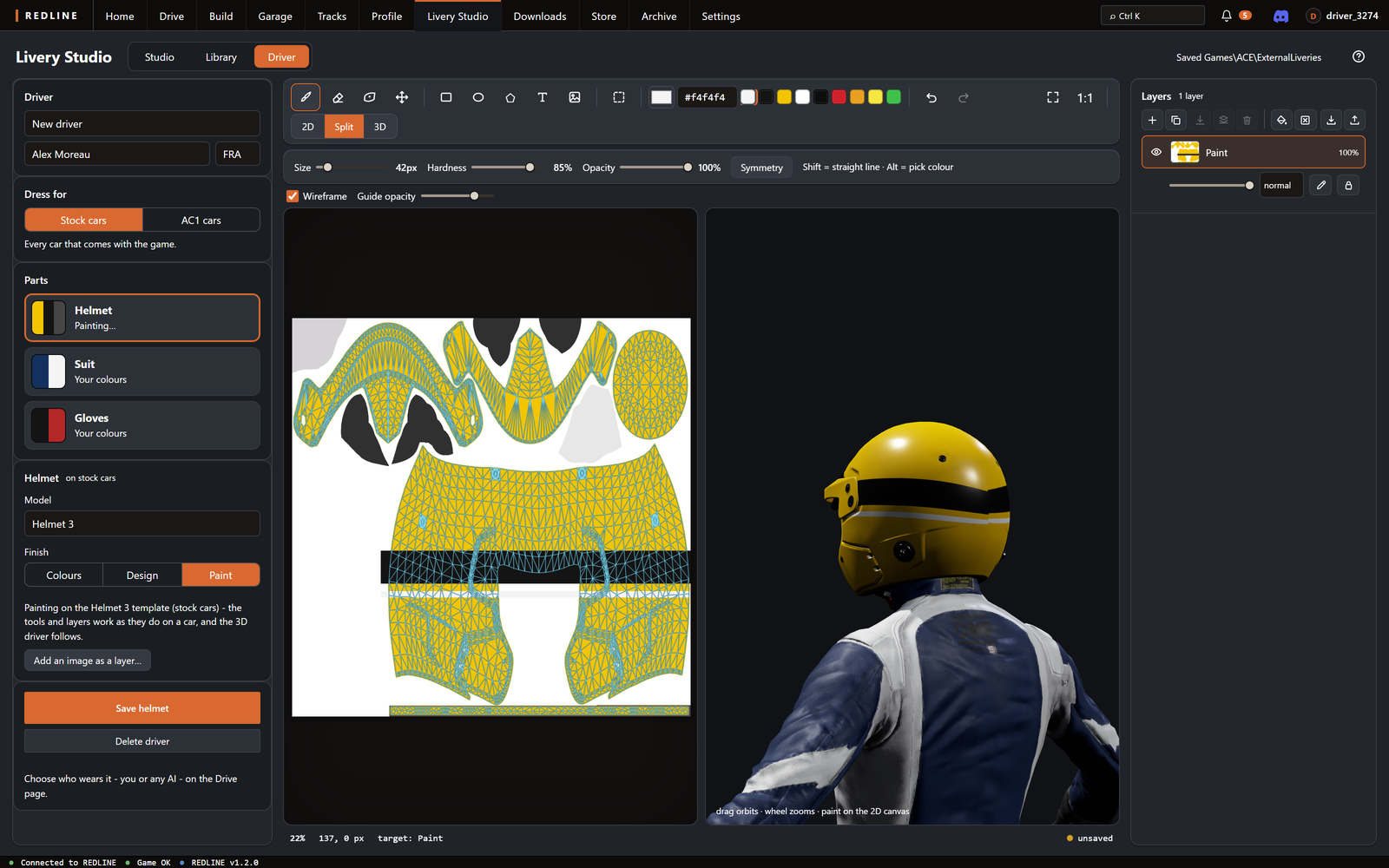 Livery Studio, Driver, Paint: the helmet's template painted yellow with a black band and a white pinstripe, and the helmet in 3D from behind showing the same band