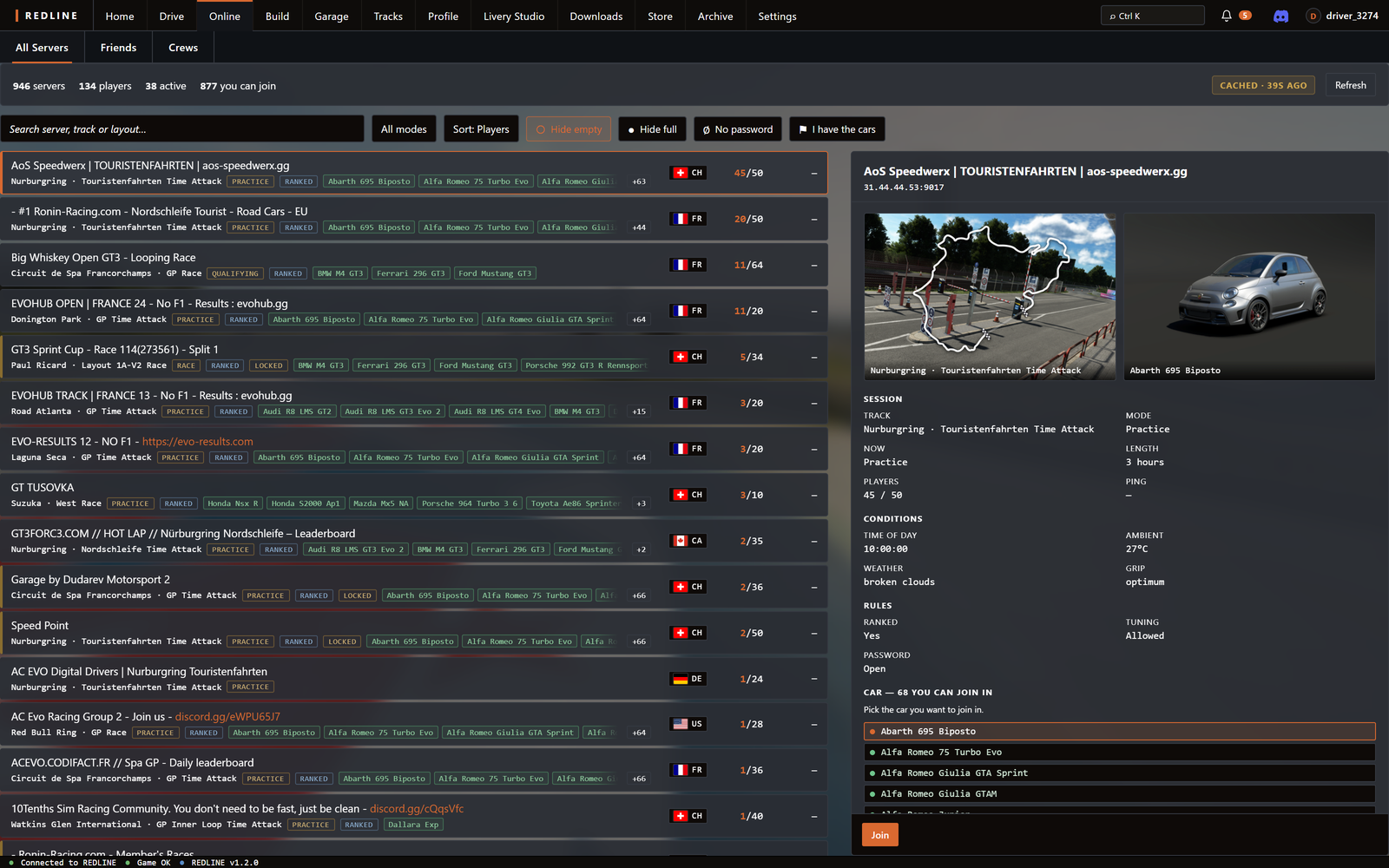 Online: the public server list with a busy Nordschleife Touristenfahrten server open, its track and outline, the Abarth 695 Biposto picked from the 68 cars you can join in, and Join